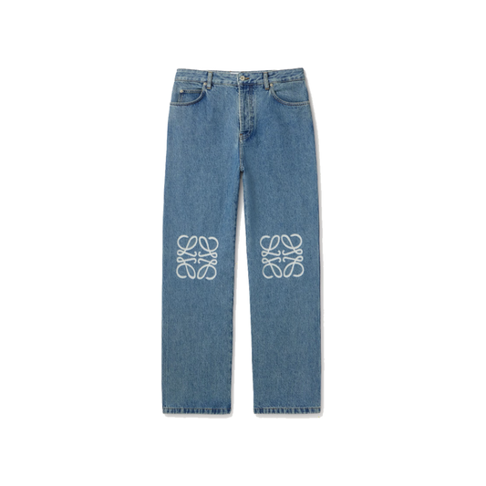 LOEWE ANAGRAM WIDE-LEG LOGO EMBROIDERED JEANS IN BLUE