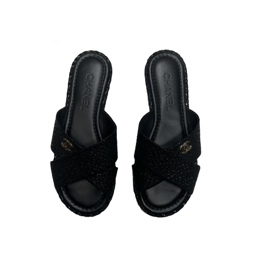 PRELOVED CHANEL LOGO GLITTER SANDLES IN BLACK