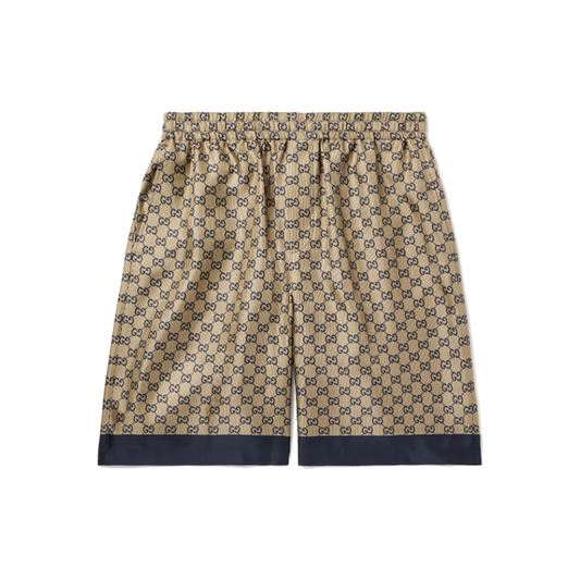 GUCCI WIDE-LEG LOGO-PRINT SILK SHORTS IN BEIGE