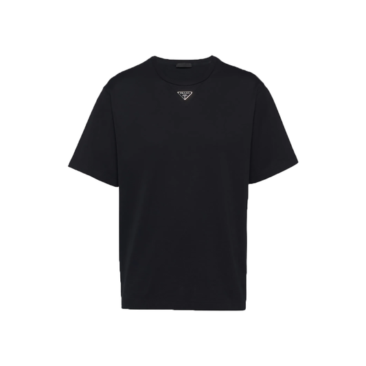 PRADA NAVY COTTON LOGO BADGE T-SHIRT IN BLACK