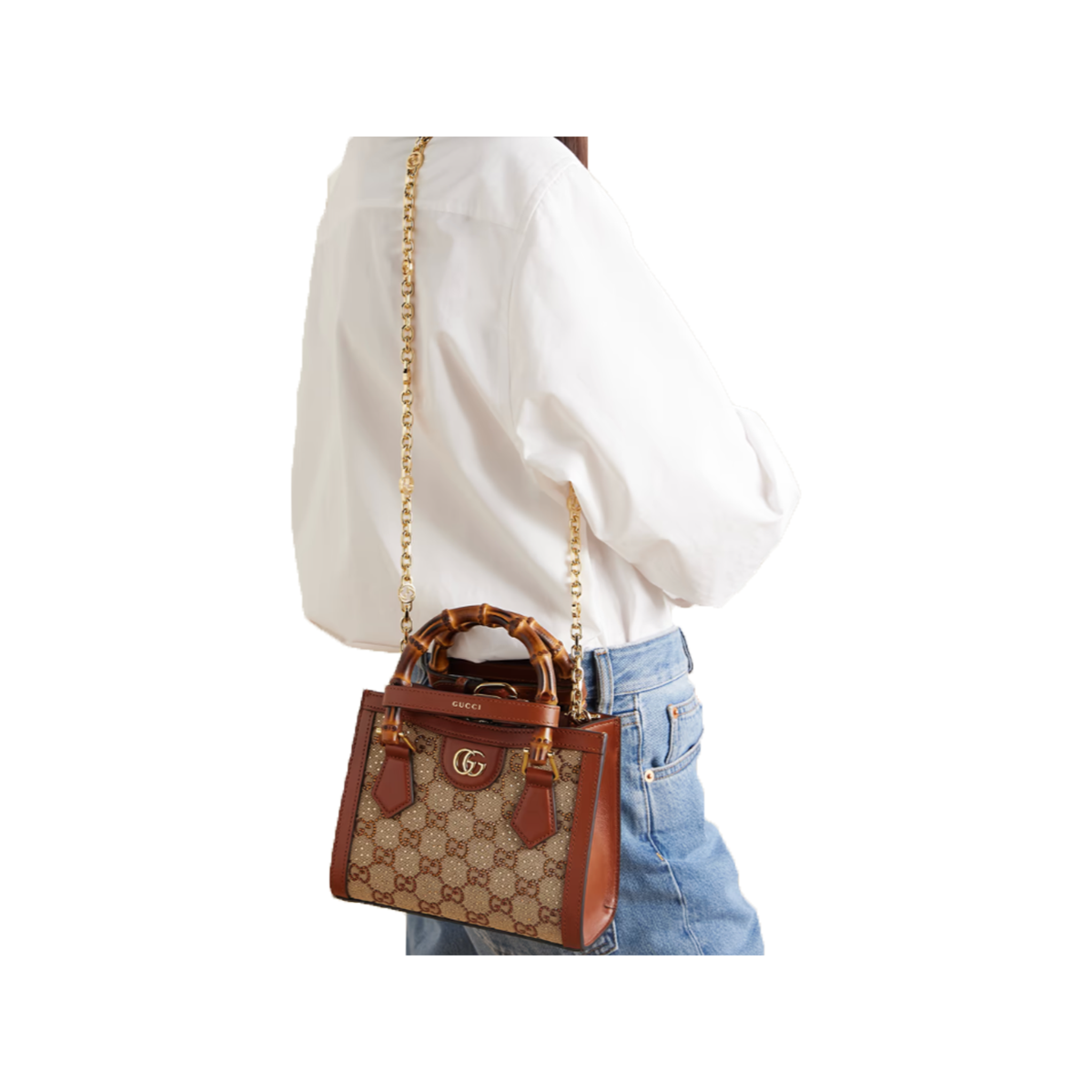GUCCI DIANA MINI LEAHER-TRIMMED CRYSTAL-EMBELLISHED CANVAS-JACQUARD TOTE