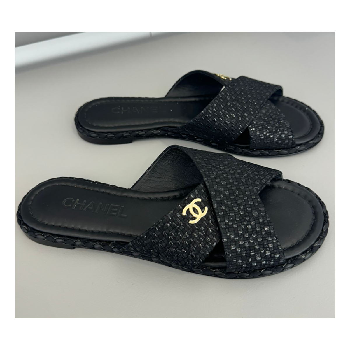 PRELOVED CHANEL LOGO GLITTER SANDLES IN BLACK
