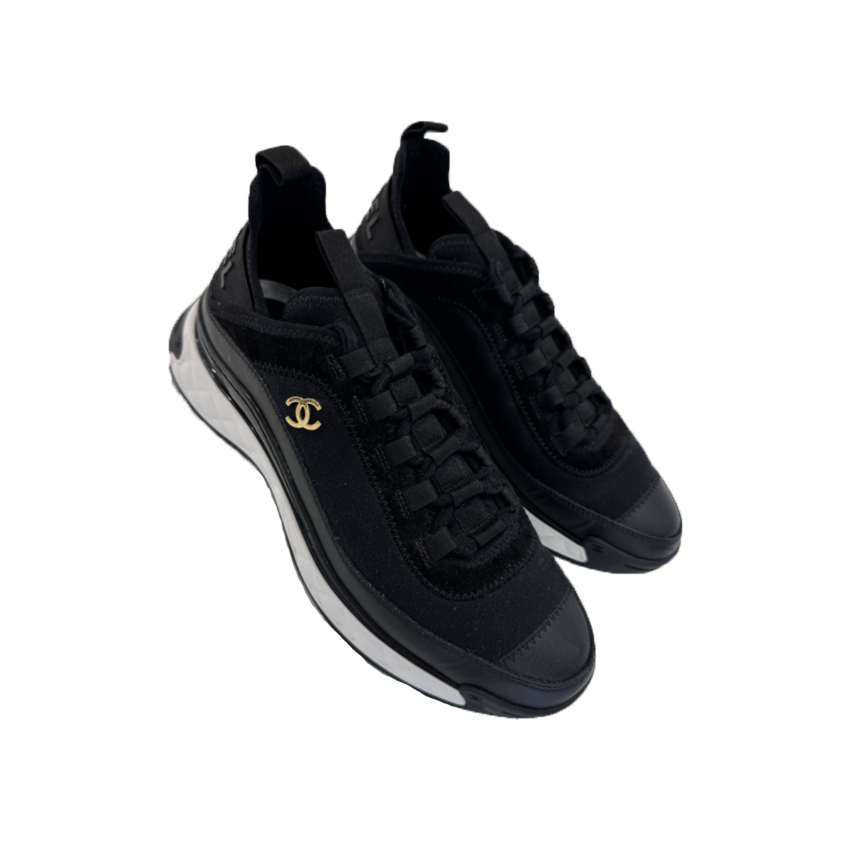PREOVED CHANEL VELVET CALFSKIN CC TRAINERS IN BLACK