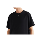 PRADA NAVY COTTON LOGO BADGE T-SHIRT IN BLACK