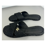 PRELOVED CHANEL LOGO GLITTER SANDLES IN BLACK