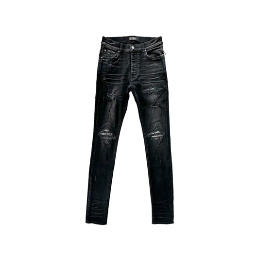 AMIRI AGED BLACK AND WHITE BANDANA PATCH MX1 JEANS