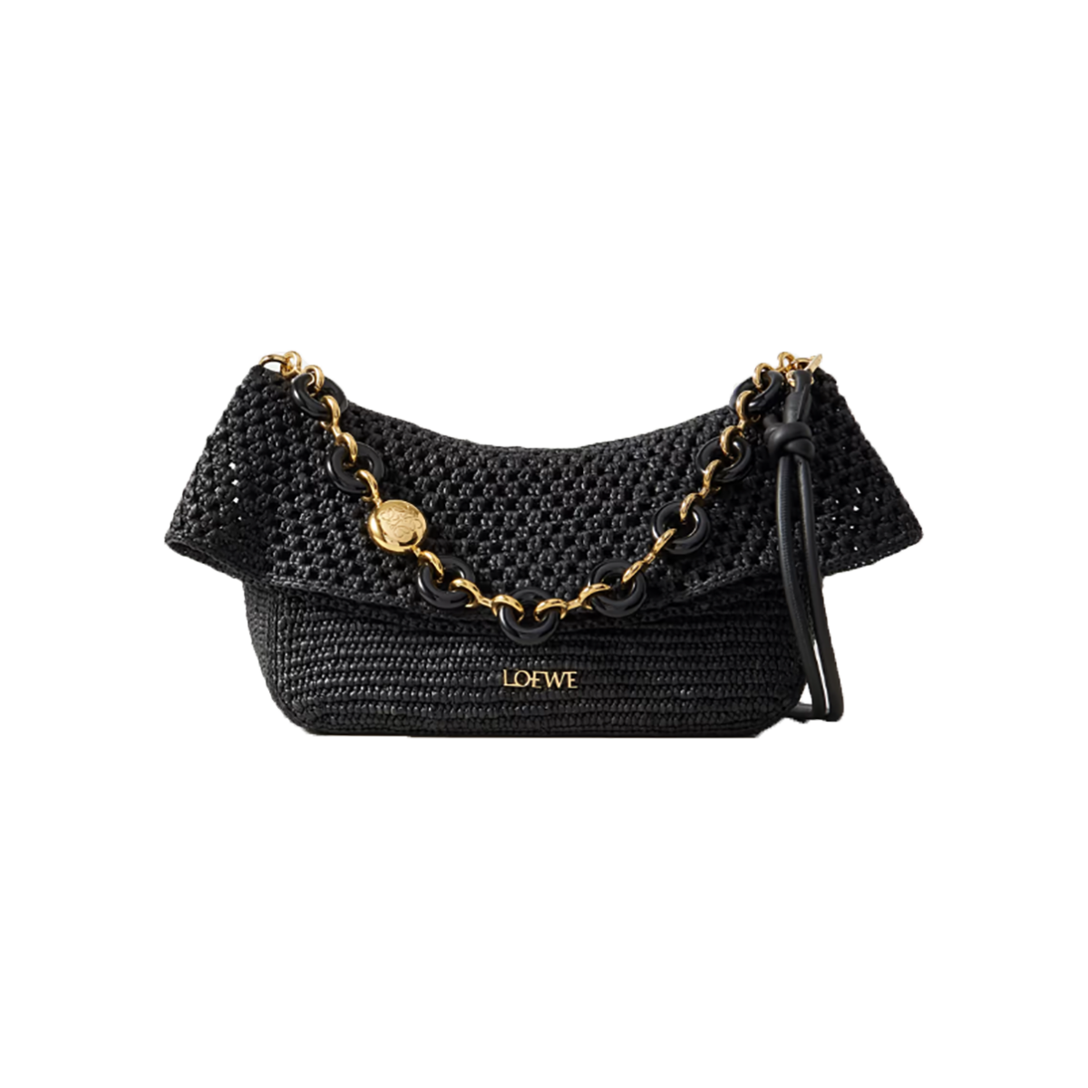 LOEWE IBIZA OLA EMBELLISHED RAFFIA SHOULDER BAG IN BLACK