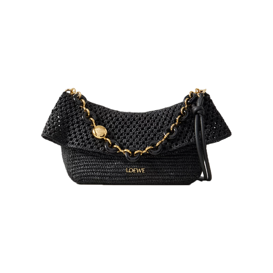 LOEWE IBIZA OLA EMBELLISHED RAFFIA SHOULDER BAG IN BLACK