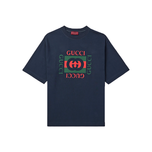 GUCCI LOGO-PRINT COTTON T-SHIRT IN NAVY