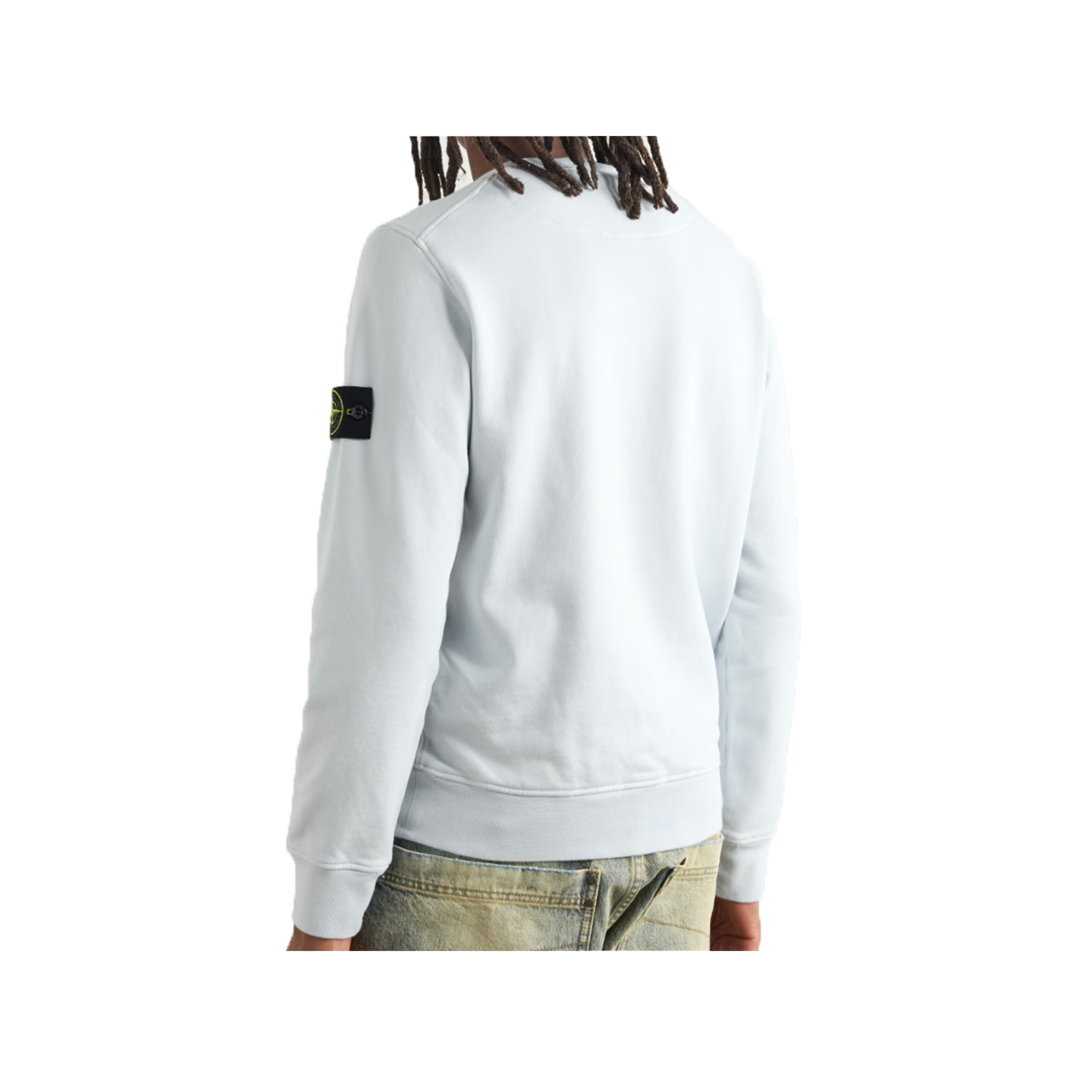 STONE ISLAND LOGO APPLIQUED GARMENT-DYED COTTON SWEATER IN BLUE