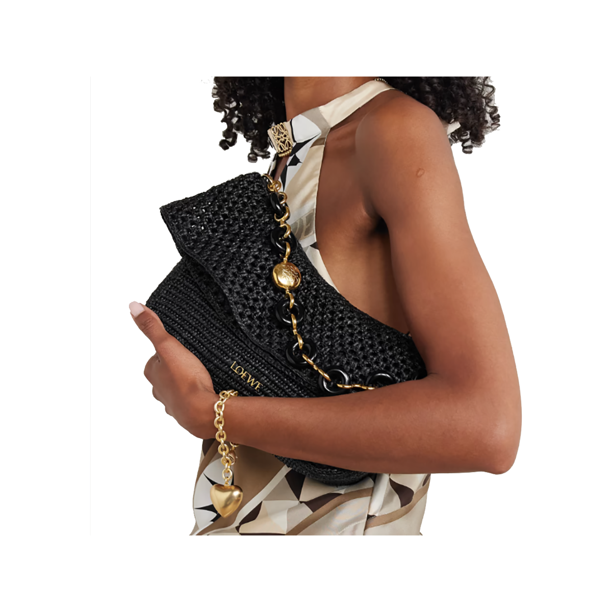 LOEWE IBIZA OLA EMBELLISHED RAFFIA SHOULDER BAG IN BLACK