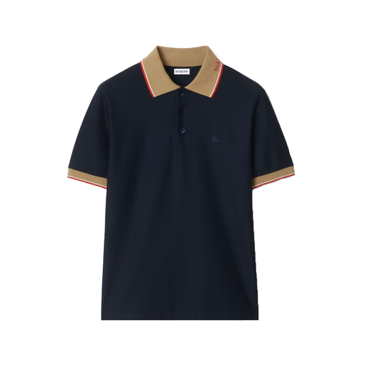 BURBERRY LOGO COLLAR COTTON POLO IN NAVY