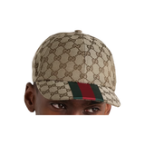 GUCCI WEBBING-TRIMMED MONOGRAM CANVAS BASEBALL CAP IN BROWN