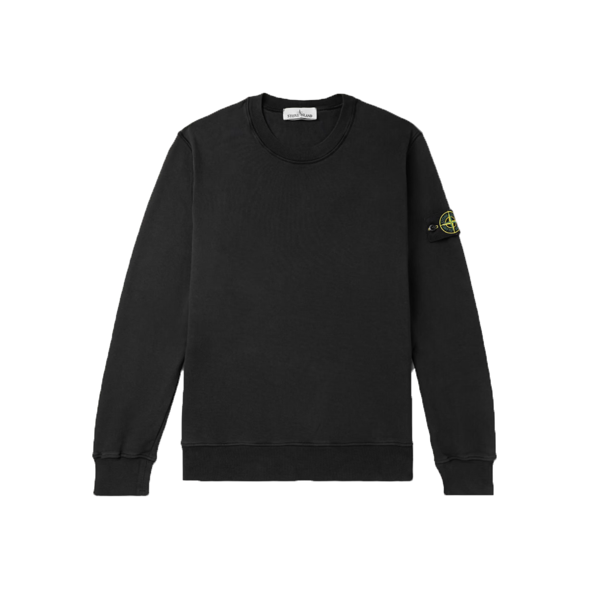 STONE ISLAND  LOGO APPLIQUED GARMENT DYED SWEATER IN BLACK