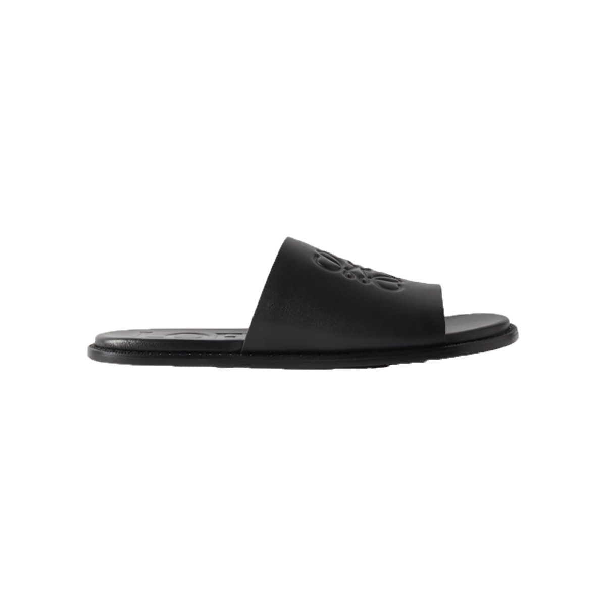 LOEWE PAULAS IBIZA LOGO-DEBOSSED LEATHER SLIDERS IN BLACK