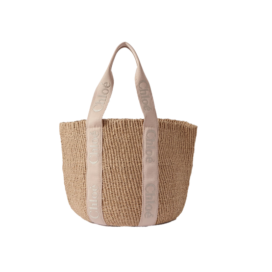 CHLOE WOODY LEATHER-TRIMMED RAFFIA TOTE IN BEIGE