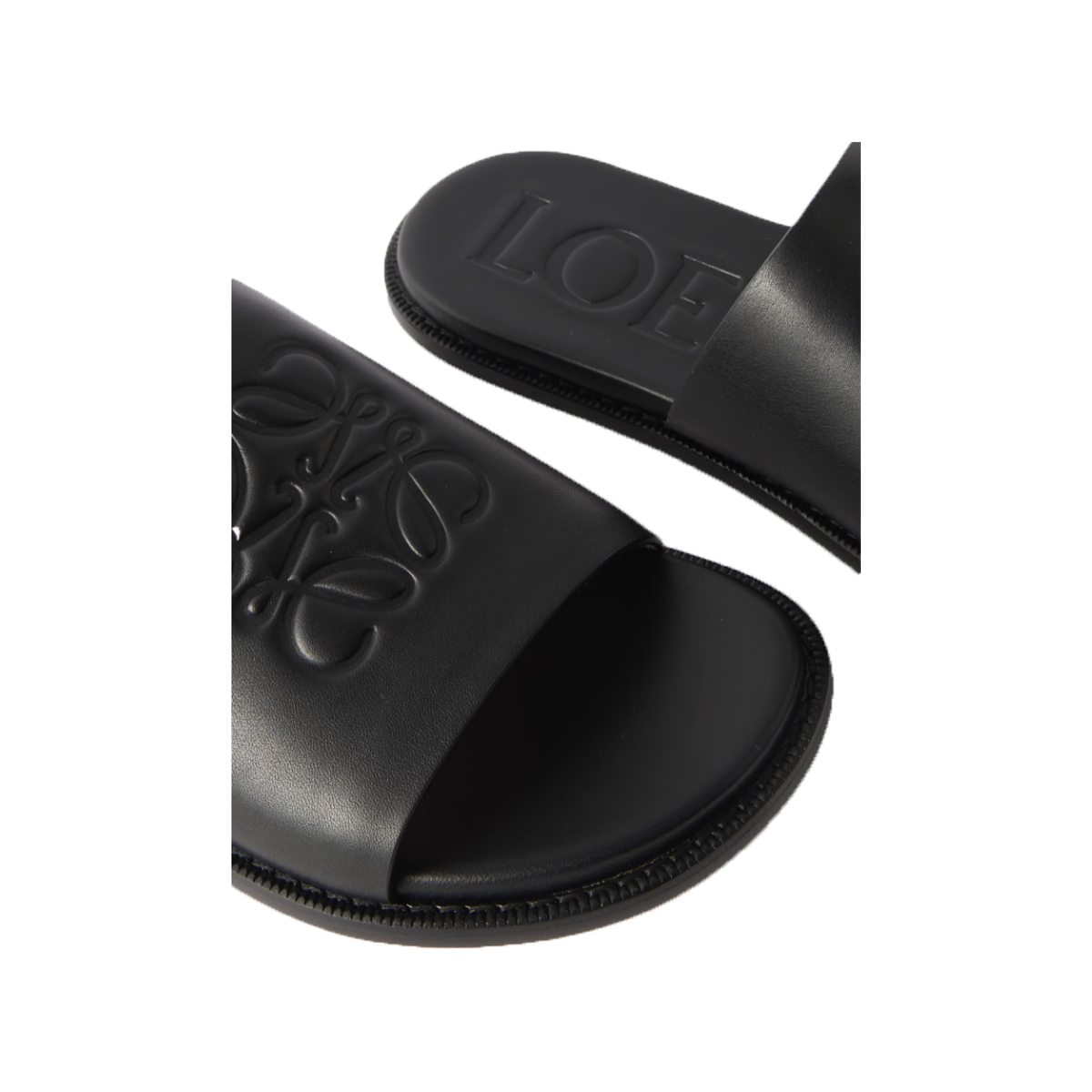 LOEWE PAULAS IBIZA LOGO-DEBOSSED LEATHER SLIDERS IN BLACK