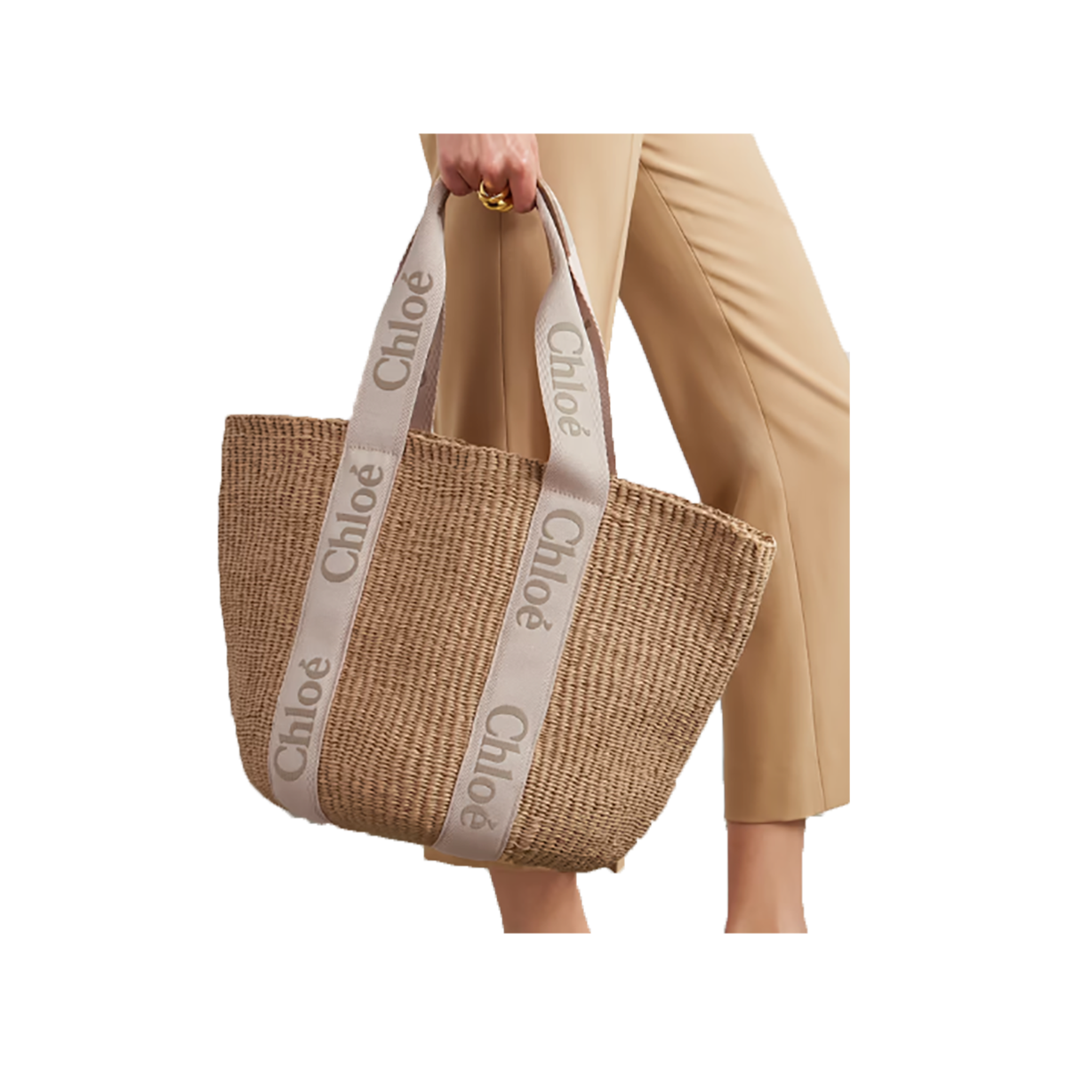 CHLOE WOODY LEATHER-TRIMMED RAFFIA TOTE IN BEIGE