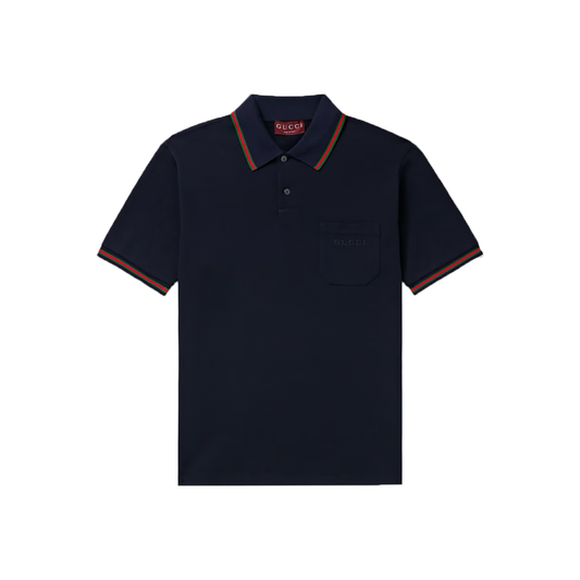GUCCI LOGO EMBROIDERED COTTON POLO IN NAVY BLUE