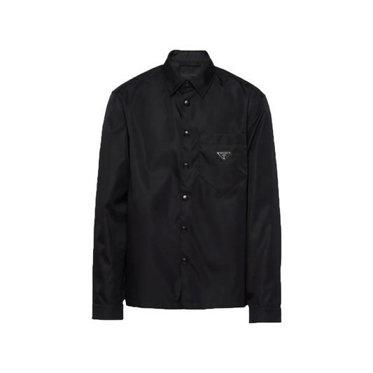 PRADA RE-NYLON LOGO BADGE SHIRT IN BLACK