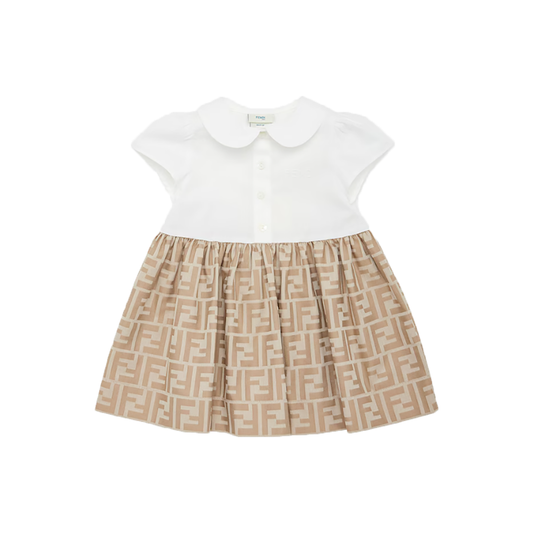 JUNIOR FENDI BRAND-EMBROIDERED CONTRAST COTTON DRESS