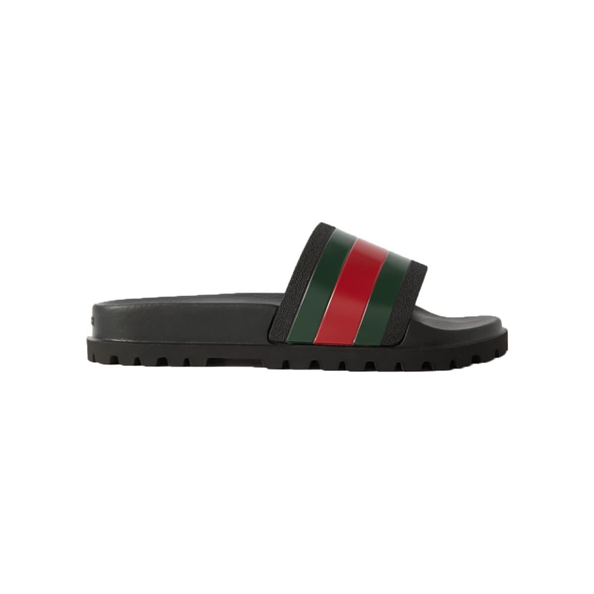 GUCCI STRIPED RUBBER SLIDDERS IN BLACK