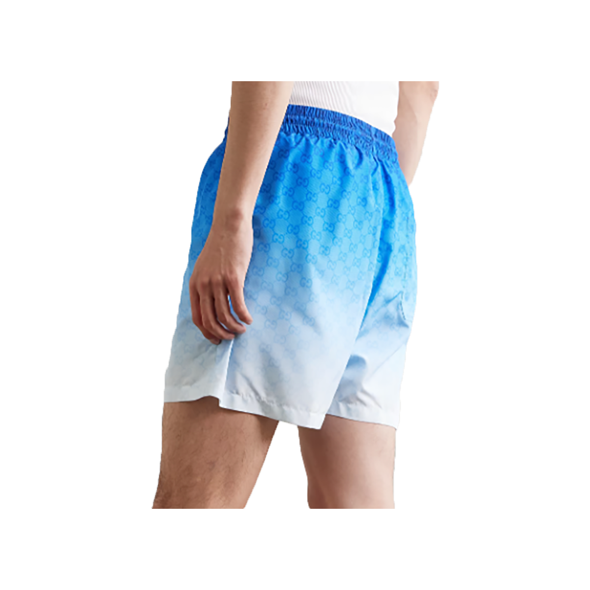 GUCCI DEGRADE LOGO-PRINT SWIM SHORTS IN BLUE