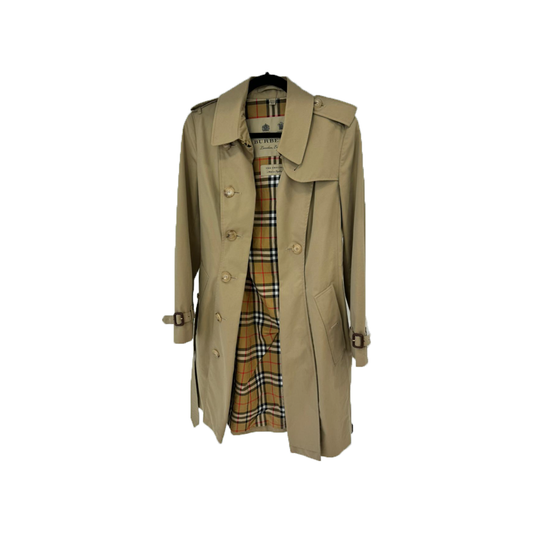 PRELOVED BURBERRY CHECK COTTON TRENCH COAT IN BEIGE