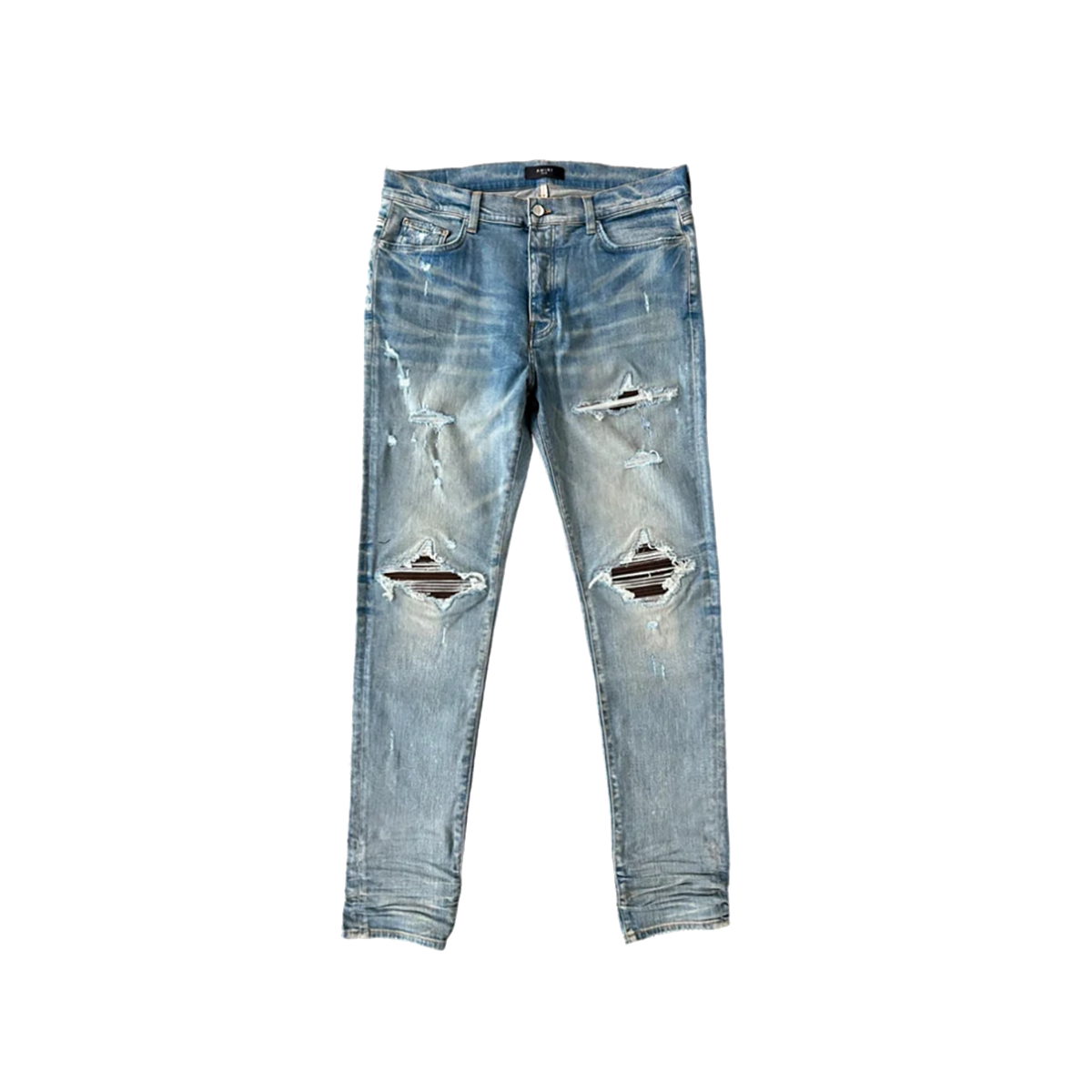 AMIRI CLAY INDIGO AND BROWN PATCH MX1 JEANS