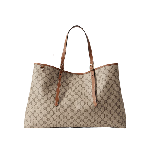 GUCCI GG EMBLEM LEATHER-TRIMMED PRINTED CANVAS BAG IN BEIGE