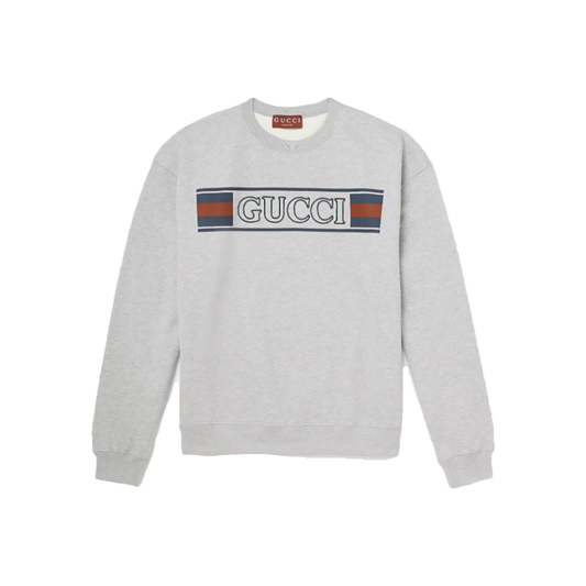 GUCCI LOGO-EMBROIDERED PRINTED COTTON SWEATER IN GRAY