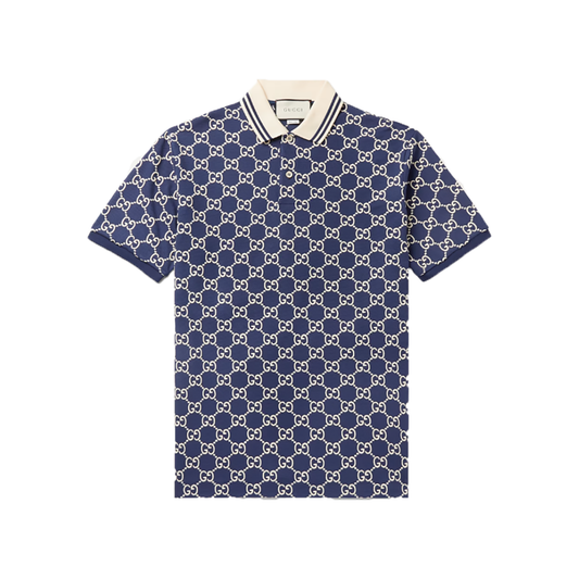 GUCCI LOGO GG EMBROIDERED POLO IN NAVY