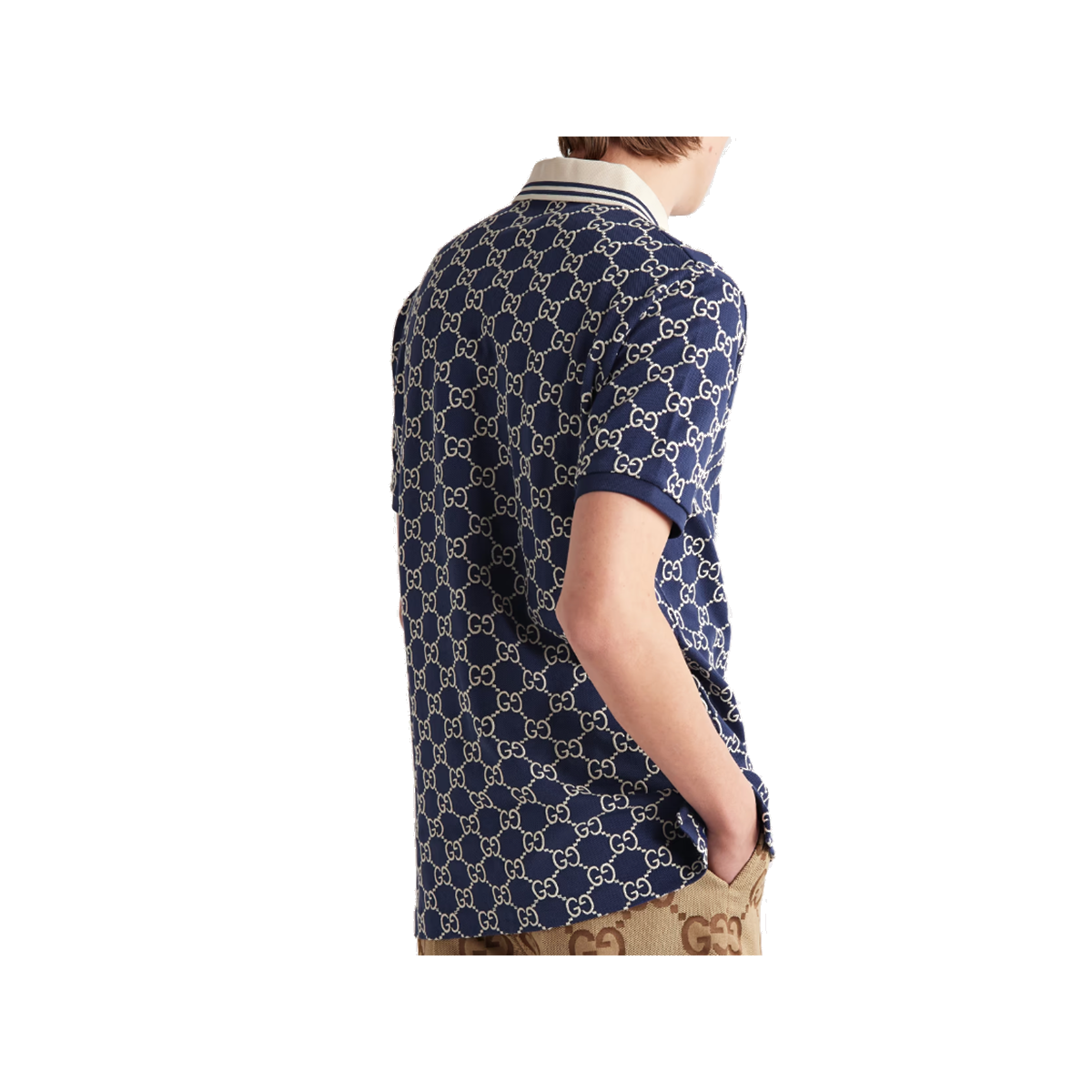 GUCCI LOGO GG EMBROIDERED POLO IN NAVY