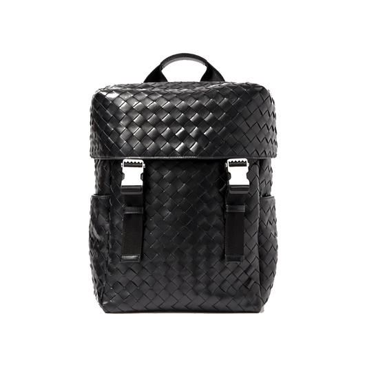 BOTTEGA VENETA FLAP INTRECCIATO LEATHER AND MESH BACKPACK IN BLACK
