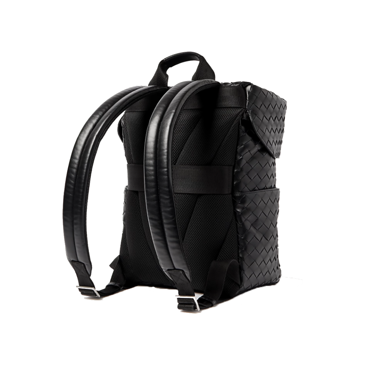 BOTTEGA VENETA FLAP INTRECCIATO LEATHER AND MESH BACKPACK IN BLACK