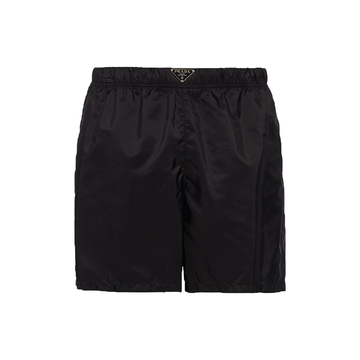 PRADA RE-NYLON LOGO BADGE SWIM SHORTS IN BLACK