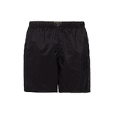 PRADA RE-NYLON LOGO BADGE SWIM SHORTS IN BLACK