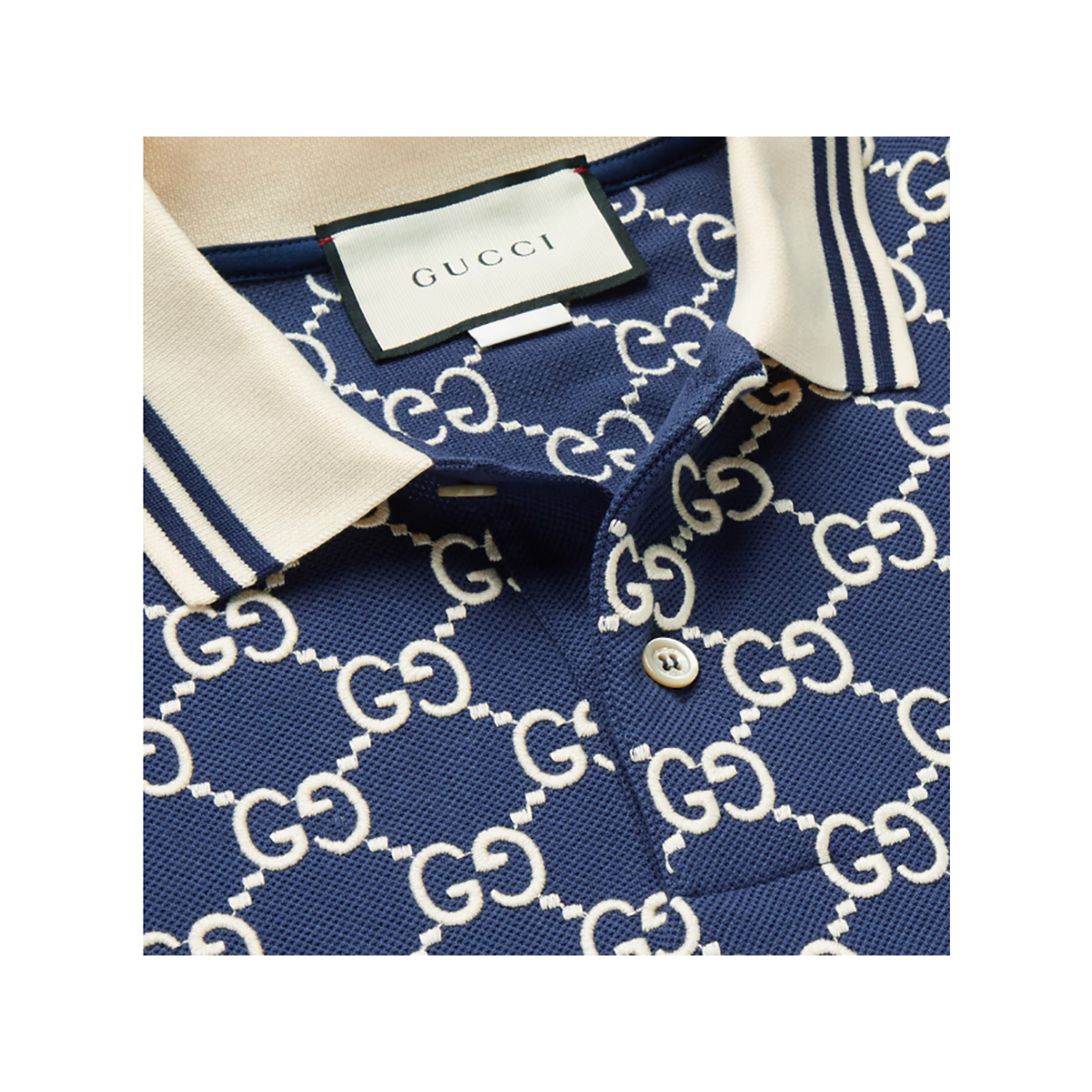 GUCCI LOGO GG EMBROIDERED POLO IN NAVY