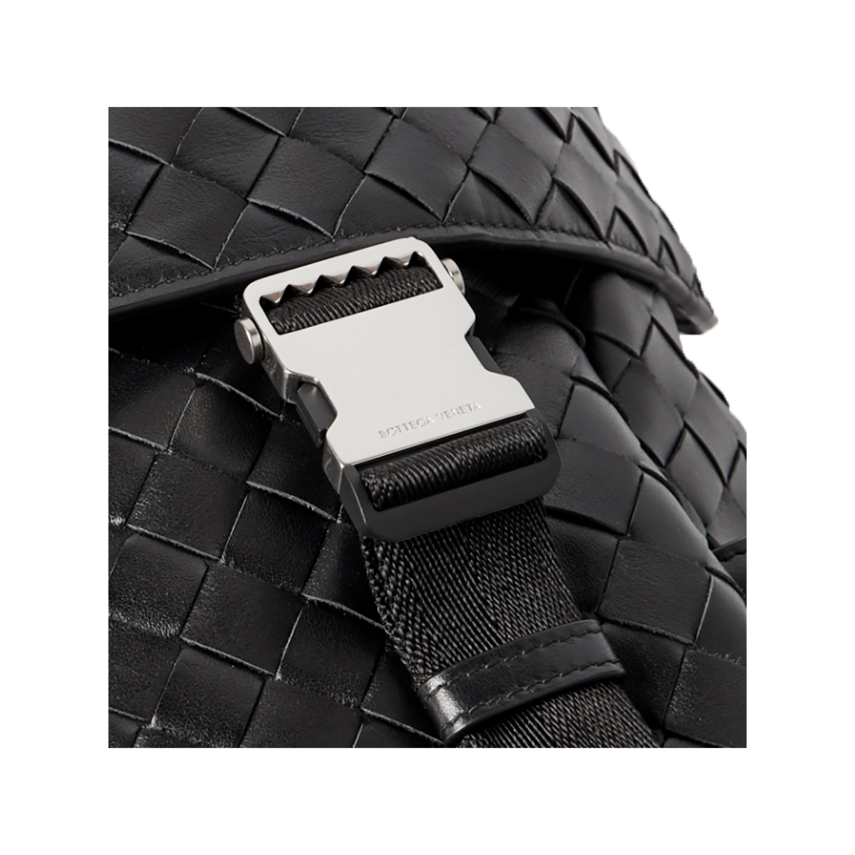 BOTTEGA VENETA FLAP INTRECCIATO LEATHER AND MESH BACKPACK IN BLACK