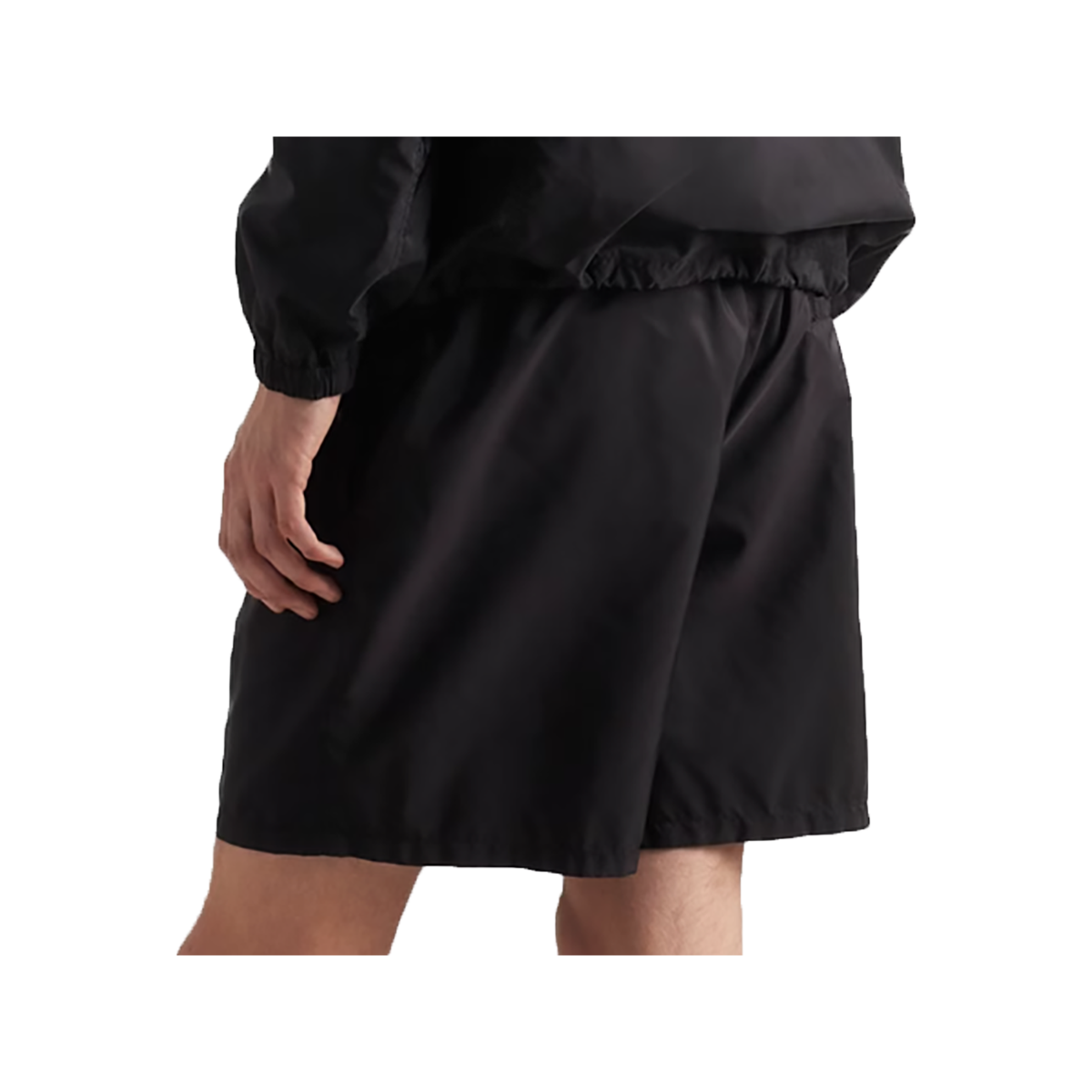PRADA RE-NYLON LOGO BADGE SWIM SHORTS IN BLACK