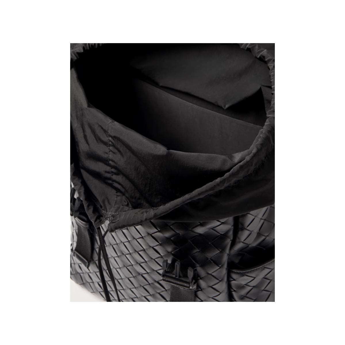 BOTTEGA VENETA FLAP INTRECCIATO LEATHER AND MESH BACKPACK IN BLACK