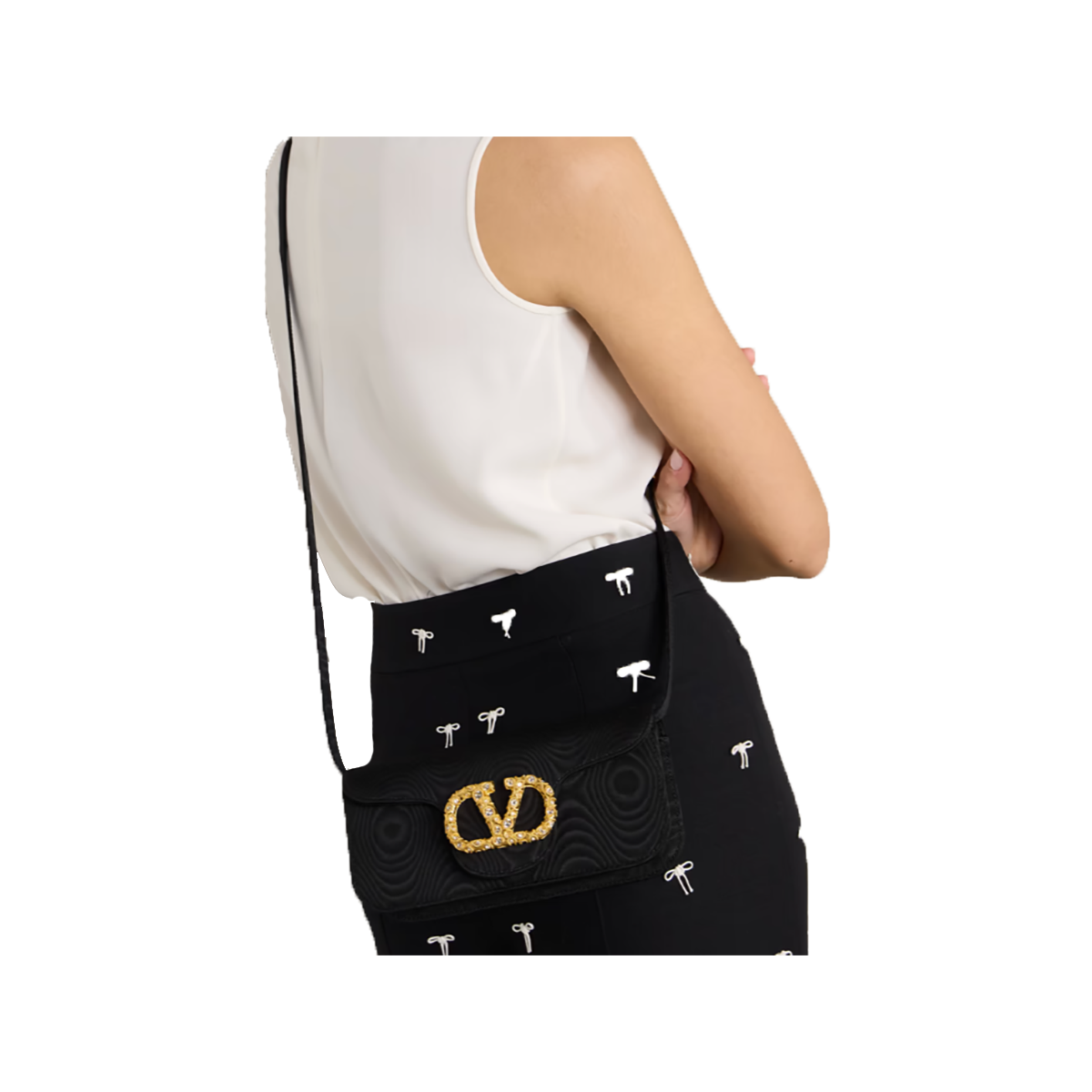 VALENTINO LOGO EMBELLISHED MOIRE BAG IN BLACK