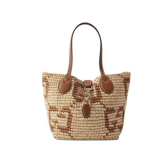 GUCCI LEATHER-TRIMMED LOGO JACQUARD RAFFIA TOTE