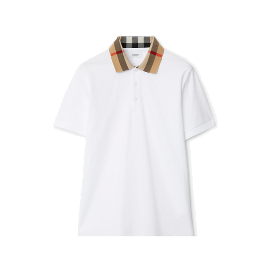 BURBERRY CHECK COLLAR COTTON POLO IN WHITE