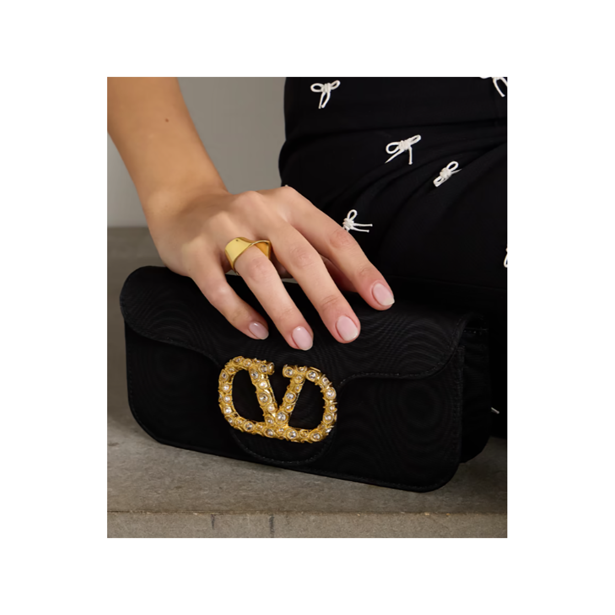 VALENTINO LOGO EMBELLISHED MOIRE BAG IN BLACK