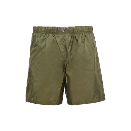 PRADA RE-NYLON LOGO BADGE SWIM SHORTS IN MILITARY GREEN