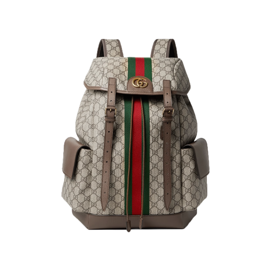 GUCCI OPHIDIA LEATHER AND WEBBING TRIMMED MONOGRAM BACKPACK