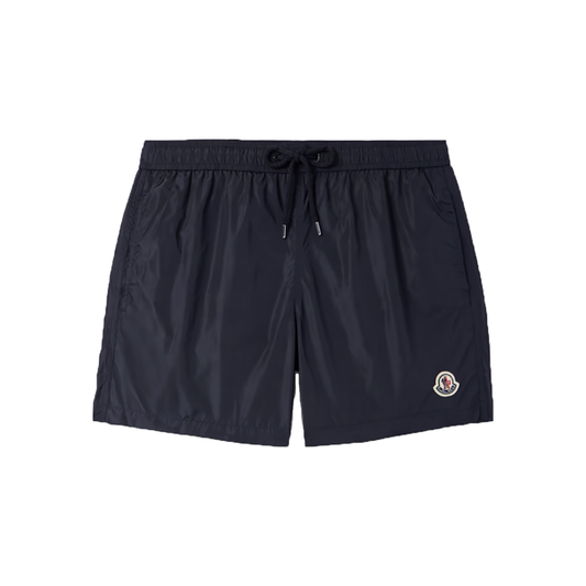 MONCLER STRAIGHT LEG LOGO PATCH SWIM SHORTS IN BLUE