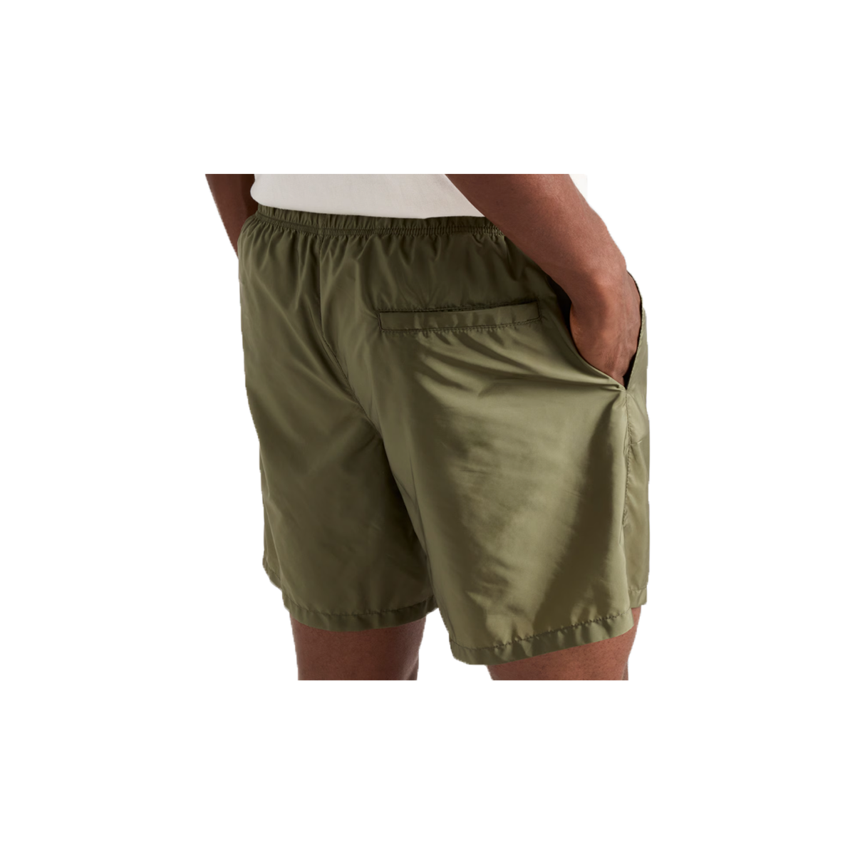 PRADA RE-NYLON LOGO BADGE SWIM SHORTS IN MILITARY GREEN