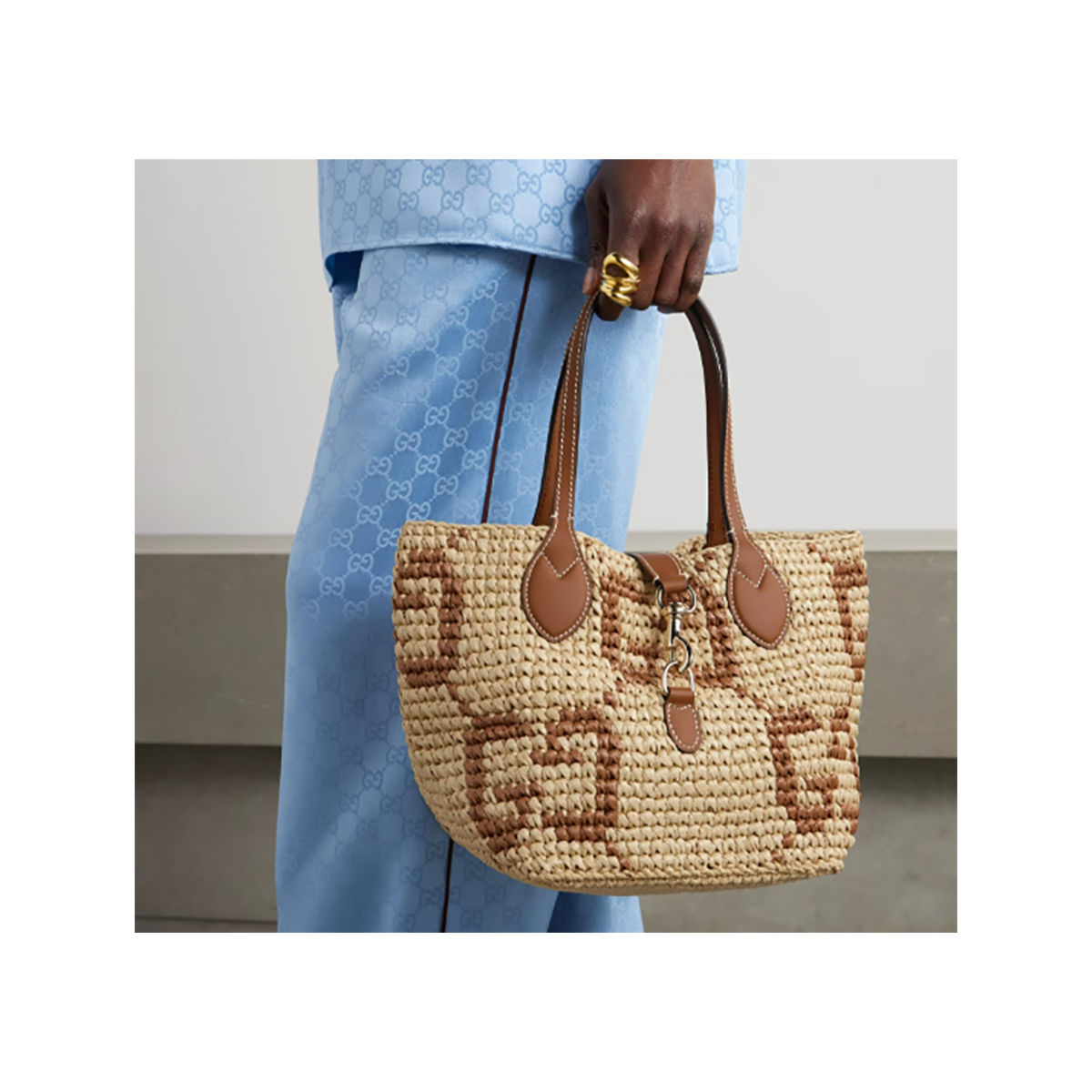 GUCCI LEATHER-TRIMMED LOGO JACQUARD RAFFIA TOTE